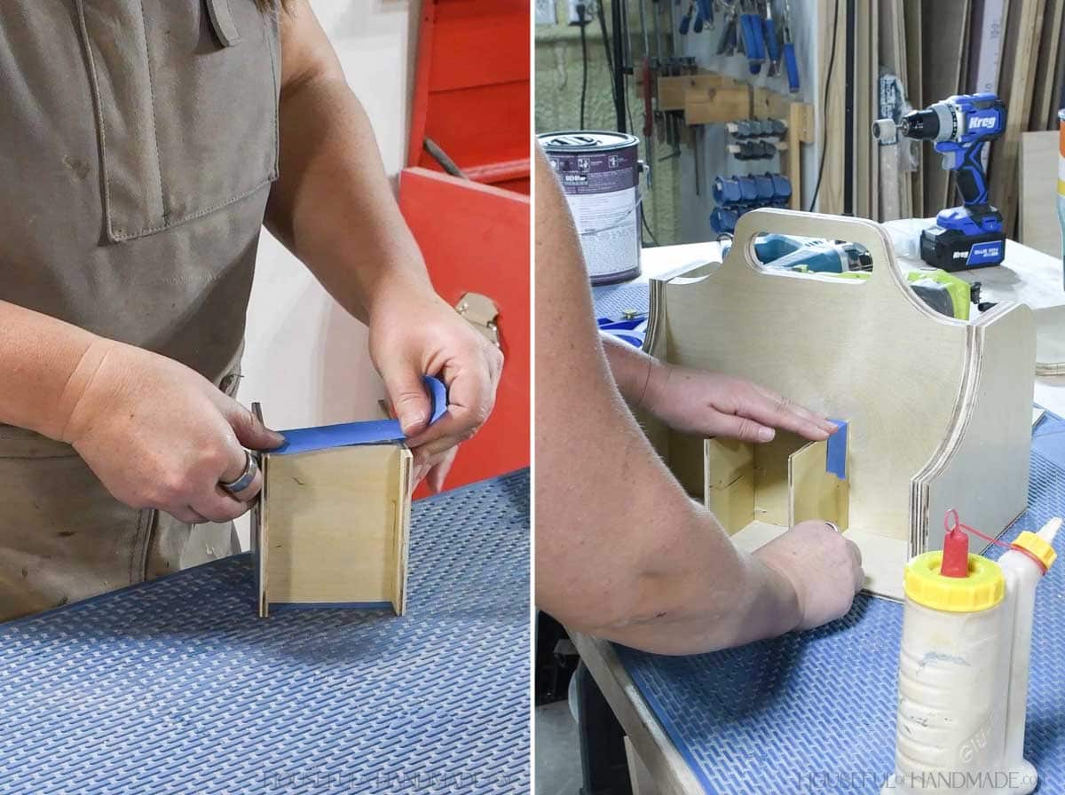 Gluing the small divider pieces together and holding them with painters tape. 