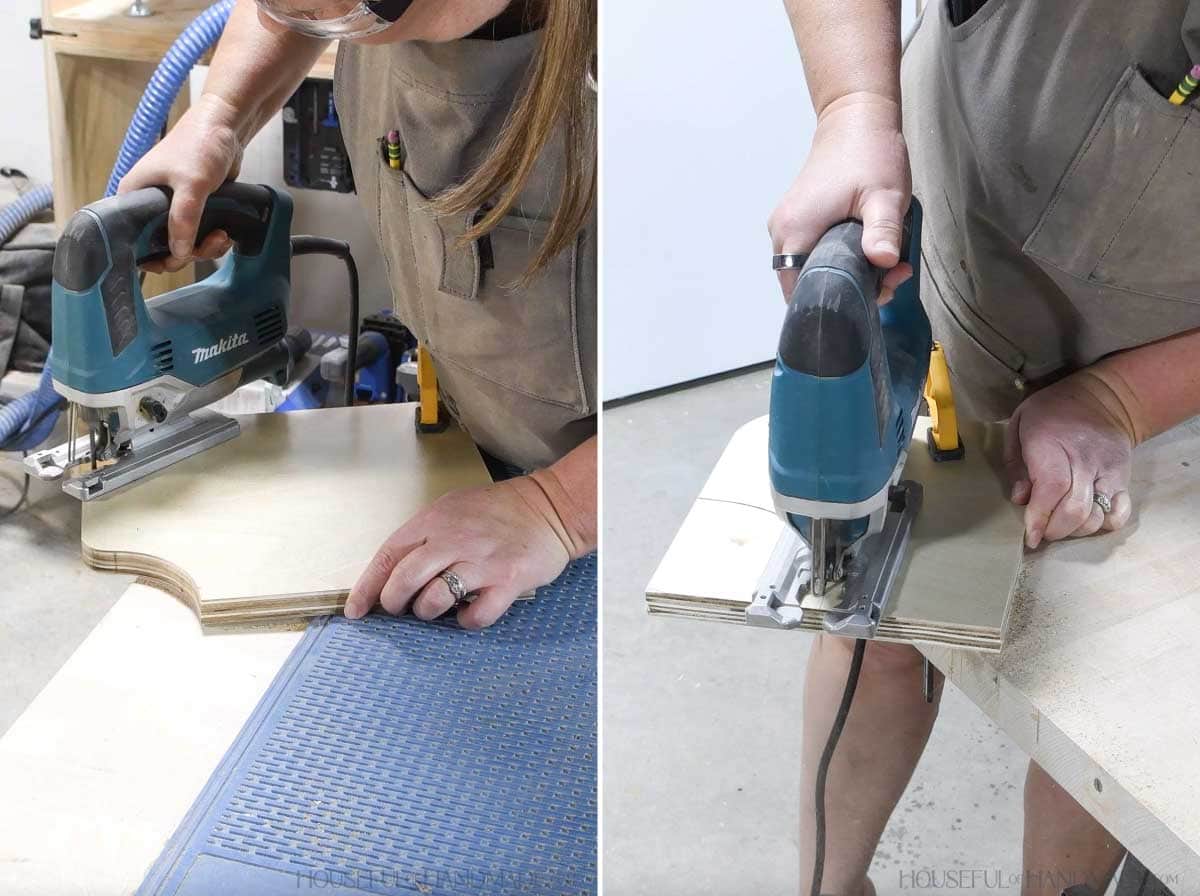 Shaping plywood pieces with a jig saw. 