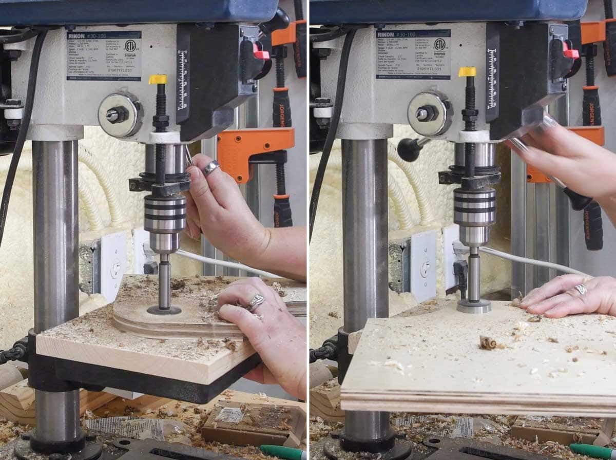 Drilling holes for the handle and dowels to hold rings. 