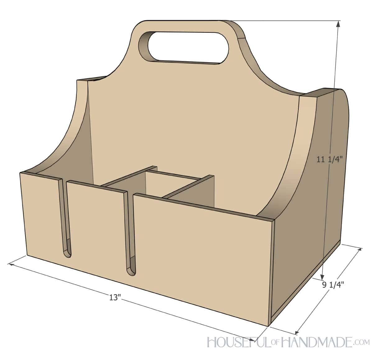 3D sketch of canning accessory caddy with dimensions noted. 