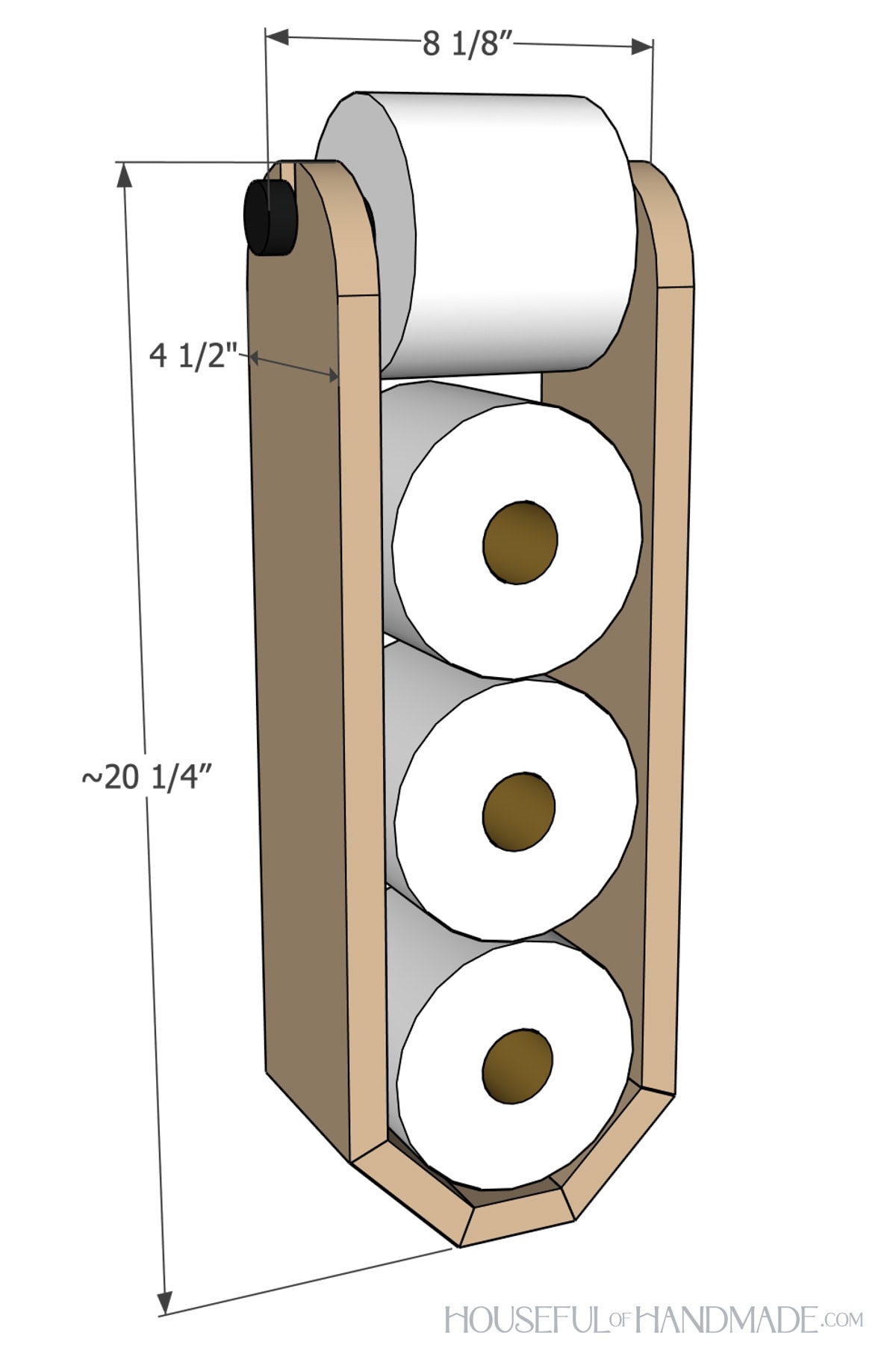 DIY freestanding toilet paper holder with dimensions noted.