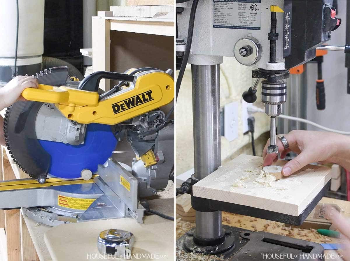 Cutting 1/2" disc from the dowel and adding holes. 