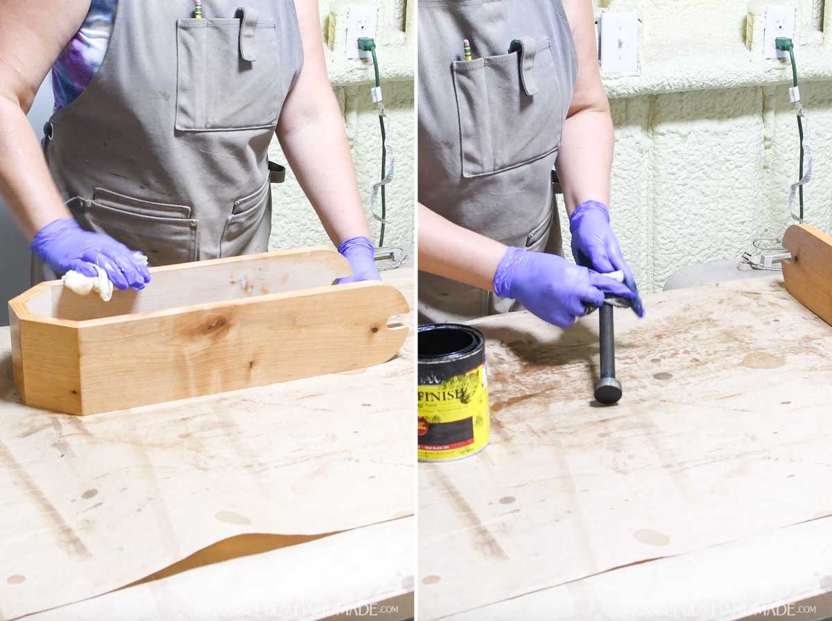 Adding sealer and stain to the finished toilet paper stand. 