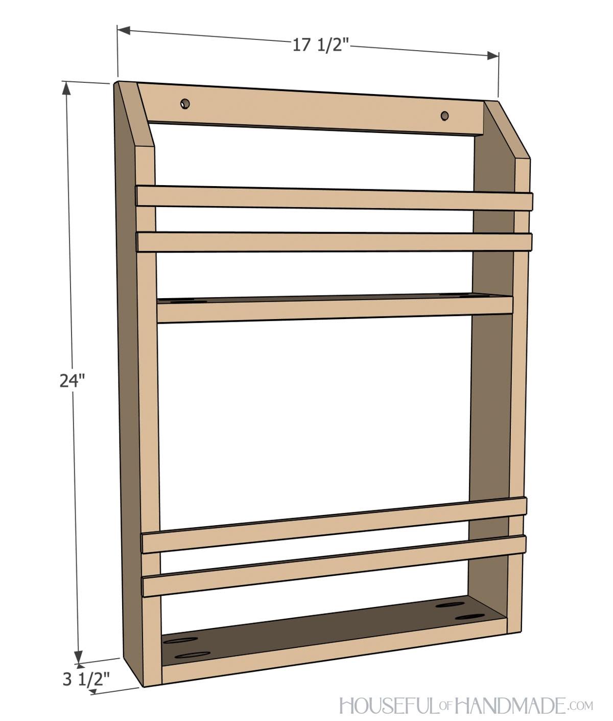 3D sketch of over the door shelf with dimensions noted