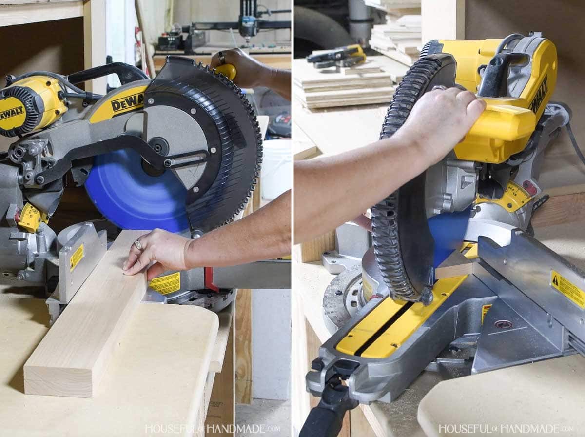 Cutting the side boards on a miter saw.