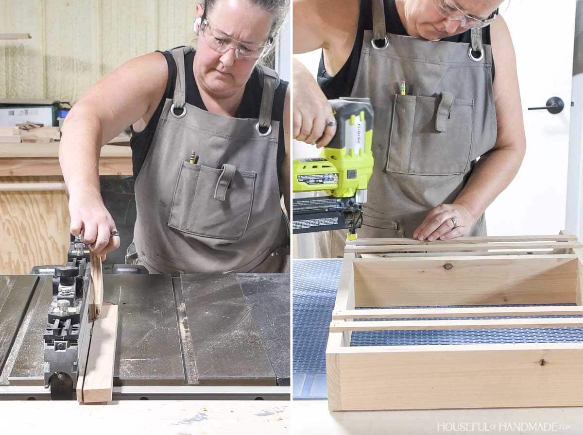 Cutting 1/4" strips on a table saw and attaching them to the front of the shelves. 