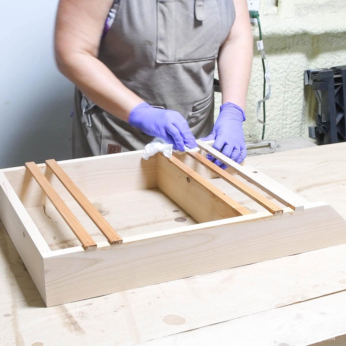 Sealing the finished shelf unit.