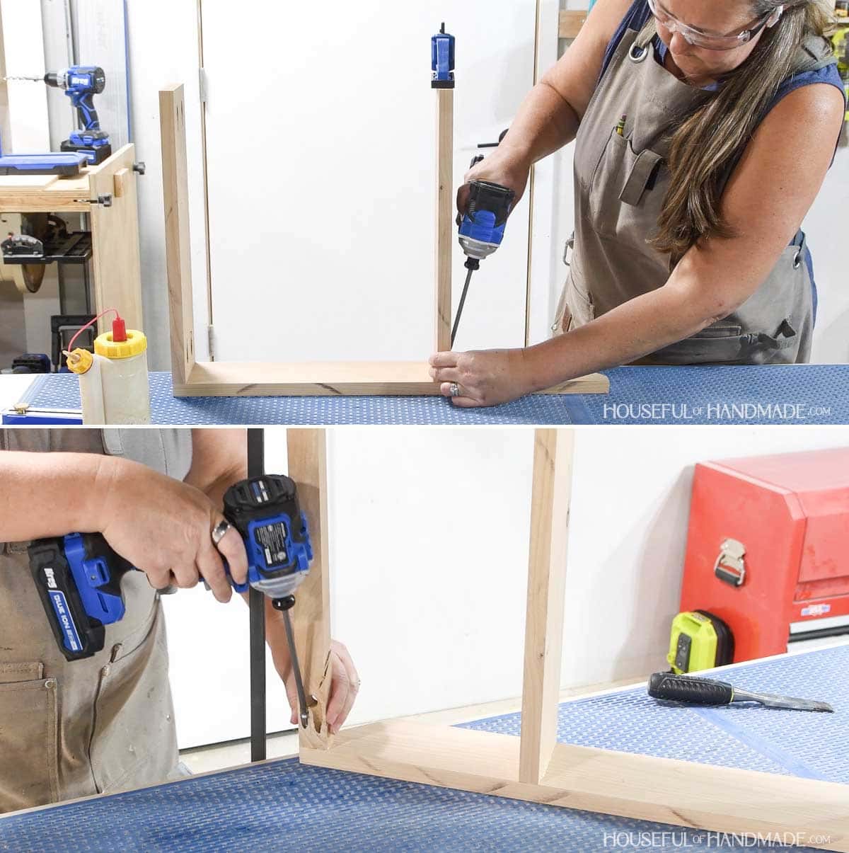 Attaching shelves to one side board with pocket hole screws. 