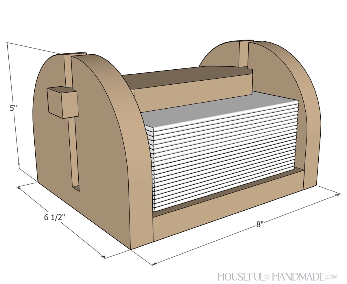 3D sketch of wood napkin holder with dimensions noted. 