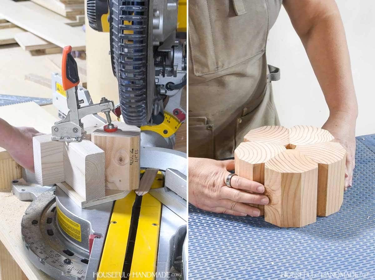 Cutting the back corners of the blocks to create pumpkin shape.