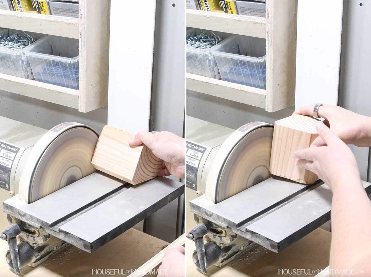 Shaping the top and bottom of the blocks with a sander.