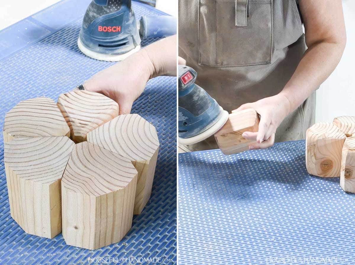 Finishing sanding with an orbital sander.
