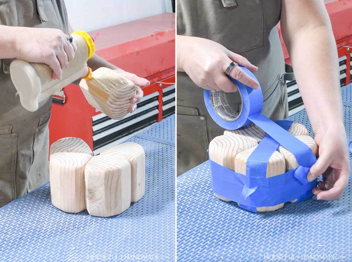 Glueing the shaped blocks together and clamping with painters tape.